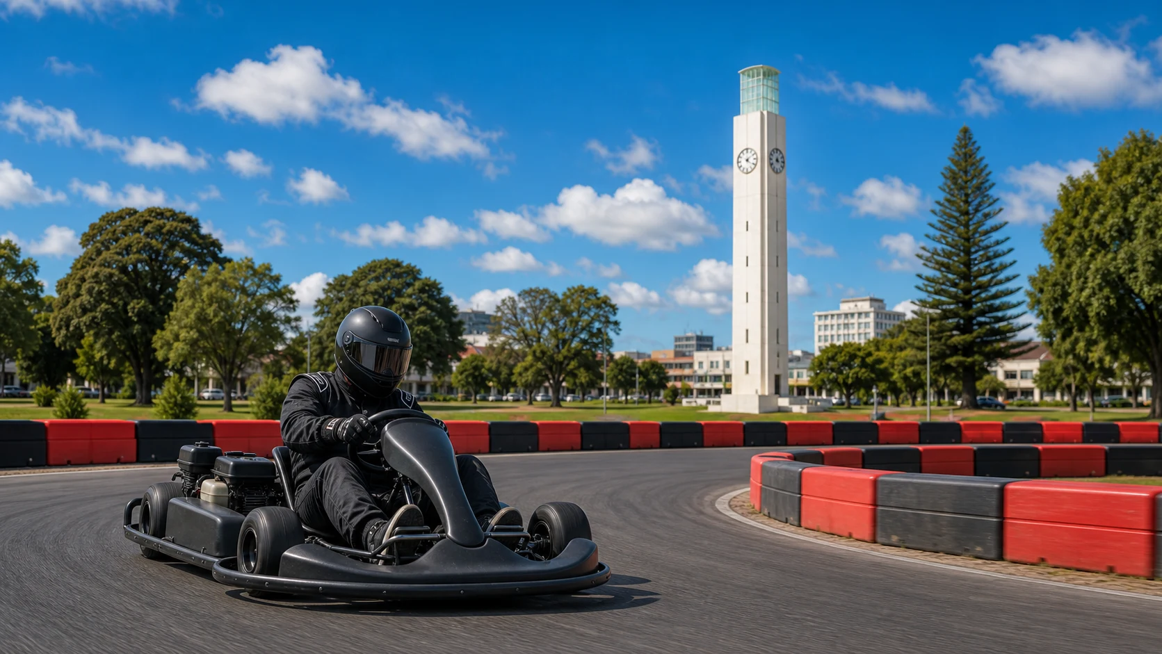 AI-generated conceptual illustration of karting and landmarks in Palmerston North; not a photograph of a kart track.